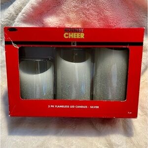 NIB 3-Pack Flameless LED Candles Silver Holiday Cheer 5” 4.5” 4” White Sparkly